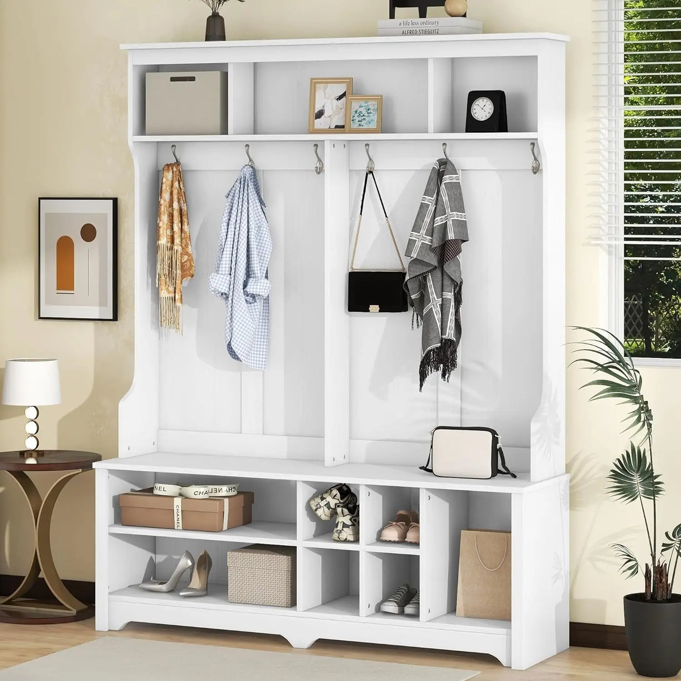 Coat Rack with Storage Bench, Shoe Cabinet with Cube Storage & Shelves, Hall Tree with 8 Hooks for Entryways, Clothes Racks