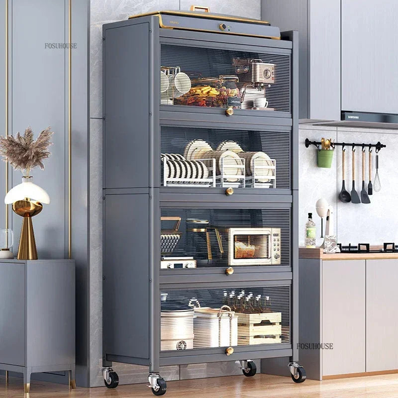 Multifunction Storage Cabinet Nordic Carbon Steel Kitchen Cabinets Home Multi-layer Microwave Oven Floor Rack with Flip Door H