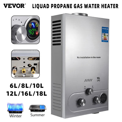 VEVOR Hot Water Heater 6/8/10/12/16/18L  LPG Water Heater Tankless Instant Boiler with Shower Head and LCD Display