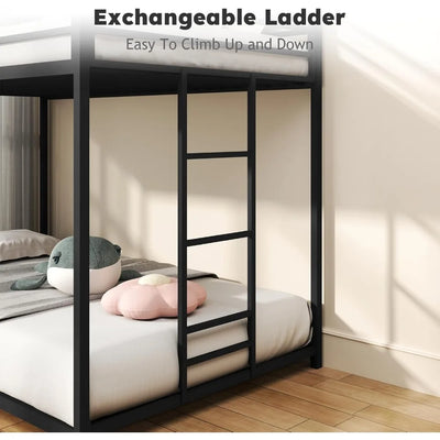 Twin Over Twin Bunk Bed Metal Low Profile Bunkbeds with Full-Length Guardrail and Ladder No Boxing Spring Needed