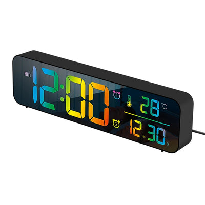 Large Music Digital Wall Clock Temperature Date 5 Level Brightness 12/24H 2 Alarms USB Powered Mirror LED Alarm Clock