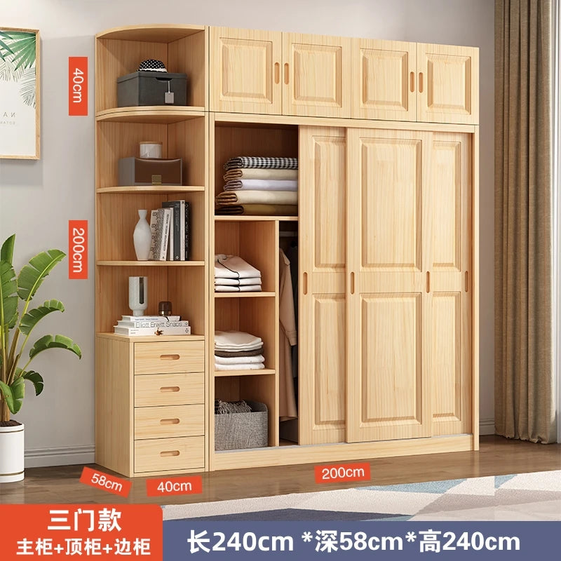 All solid wood pine sliding door wardrobe modern log children's clothes cupboard simple wardrobe home bedroom locker