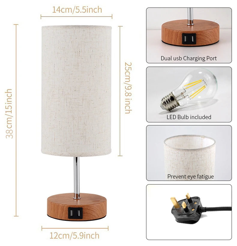 Dimmable Bedside Lamp Table Lamp with USB Charging Port Reading Nightstand Lamp Lampshade for Bedroom Decoration Light Fixture