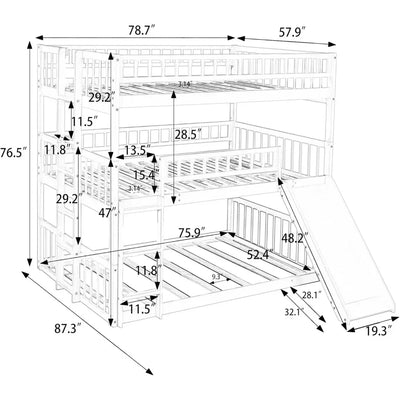 Triple Bunk Beds with Slide, Wooden Full Over Over，Ladder Guardrails, Beds Kid