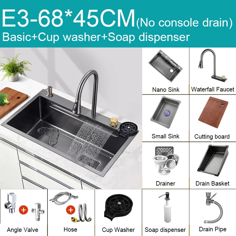 Multifunction Black Nano Kitchen Sink Waterfall Faucet Large Single Bowl Cup Washer Pure Tap Soap Dispenser 304 Stainless Steel