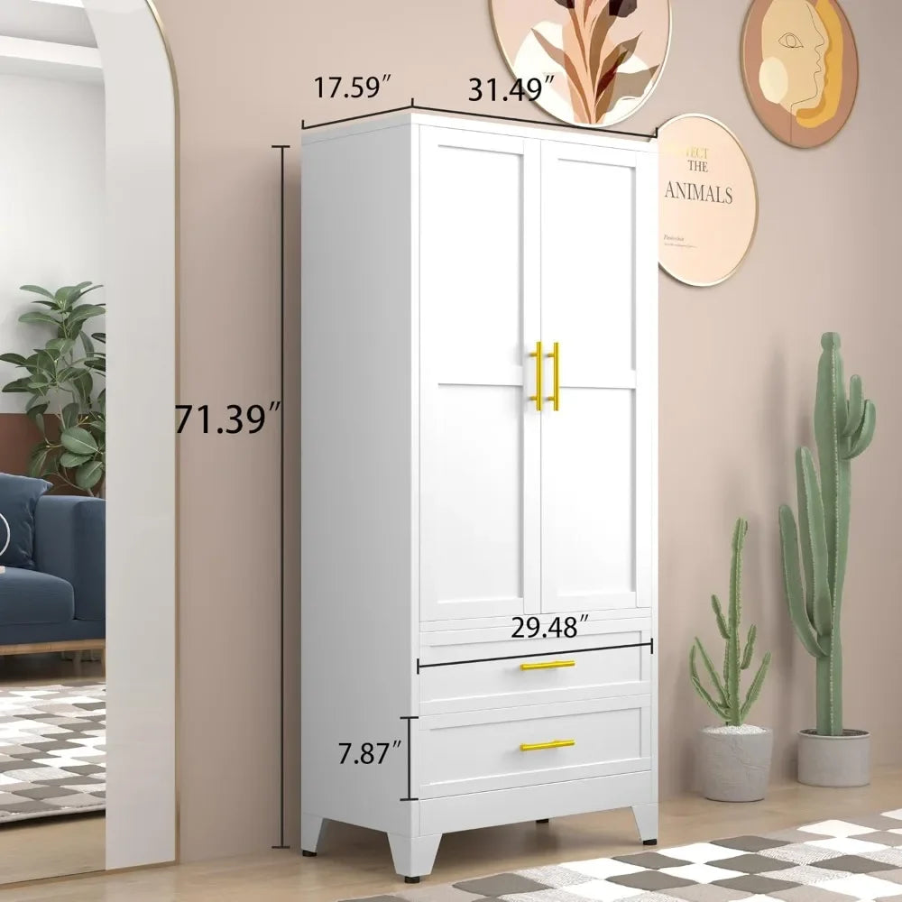 71.39" H Metal Armoire Wardrobe Closet with 2 Drawers, Adjustable Shelve, Clothes Drying Pole,Steel Wardrobe Cabinet for Bedroom