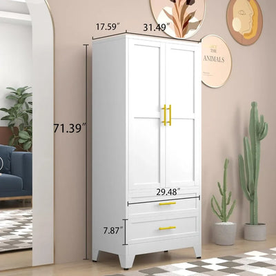 71.39" H Metal Armoire Wardrobe Closet with 2 Drawers, Adjustable Shelve, Clothes Drying Pole,Steel Wardrobe Cabinet for Bedroom