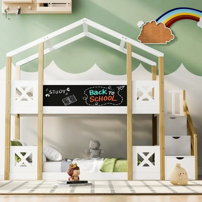 Kids Twin Bunk Bed, Storage Staircase and Blackboards, Wood Floor Bunk Bed Twin Over Twin, House Bunk Bed with Roof, Kids Bed