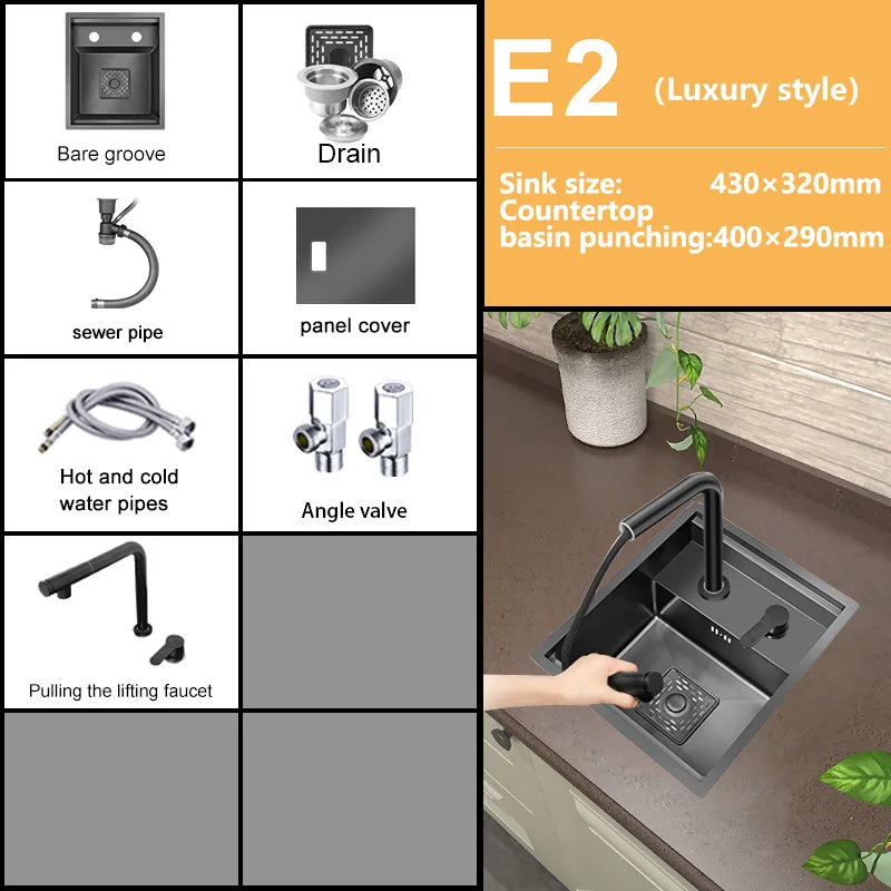 Hidden Kitchen Sink Bar Sink Kit Folding Faucet Drain Pipe,Drop-in Undermount Sink,Small Stainless Steel Sink for Workstation RV