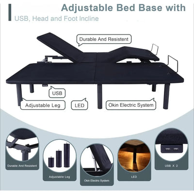 Split King Adjustable Bed Frame with Wireless Remote, USB Port, Under Bed Led Lighting, Three Leg Heights, Zero Gravity Bed Base