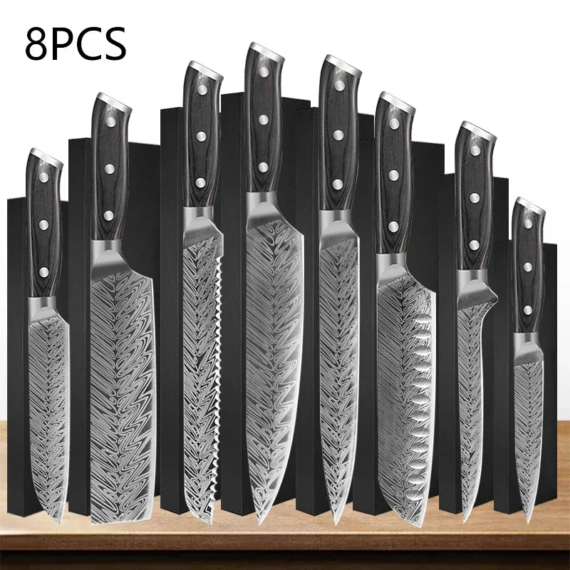 WXCOO Professional Kitchen Chef Knives Set Stainless Steel Boning Knife Damascus Steel Pattern Cleaver Fruit Bread Santoku Knife