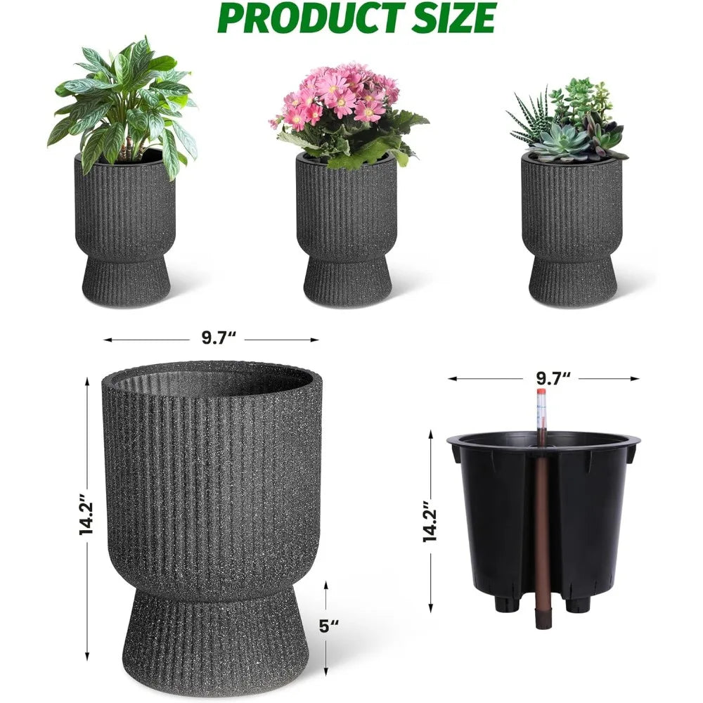 14.2" Tall Planters Set of 2, Plant Pots, Self Watering Pots for Indoor Plants, Flower Pots with Built-in Drainage and a Water