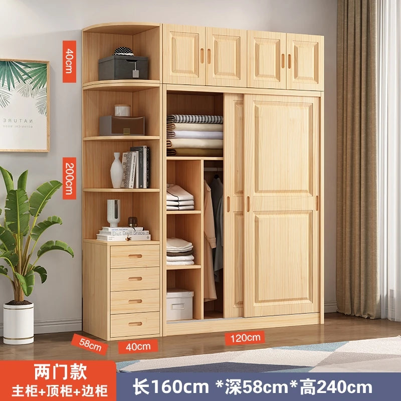 All solid wood pine sliding door wardrobe modern log children's clothes cupboard simple wardrobe home bedroom locker