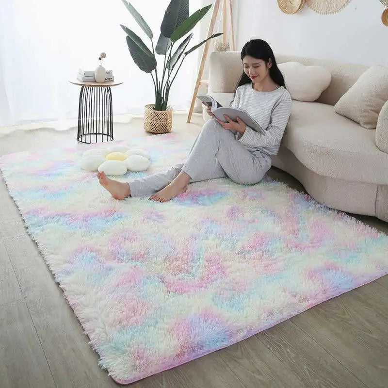 Long Hair Tie-Dyed Silk Carpet Home Living Room Bedroom Full Bed Side Bay Window Carpet Floor Mat Door Mat Absorbent Foot Mat