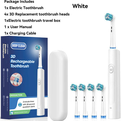 Rotating Electric Toothbrush Black White for Adults with 4 Brush Heads Deep Clean with Rechargeable Power and 2 Min Smart Timer