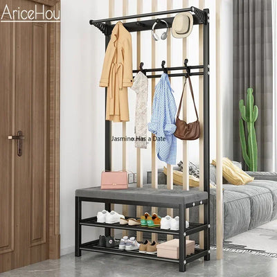 Mobile Coat Rack Shoe Bench Bedroom Metal Hanging Clothing Home Entryway Furniture Clothes Rack Shoe Bedroom Stool