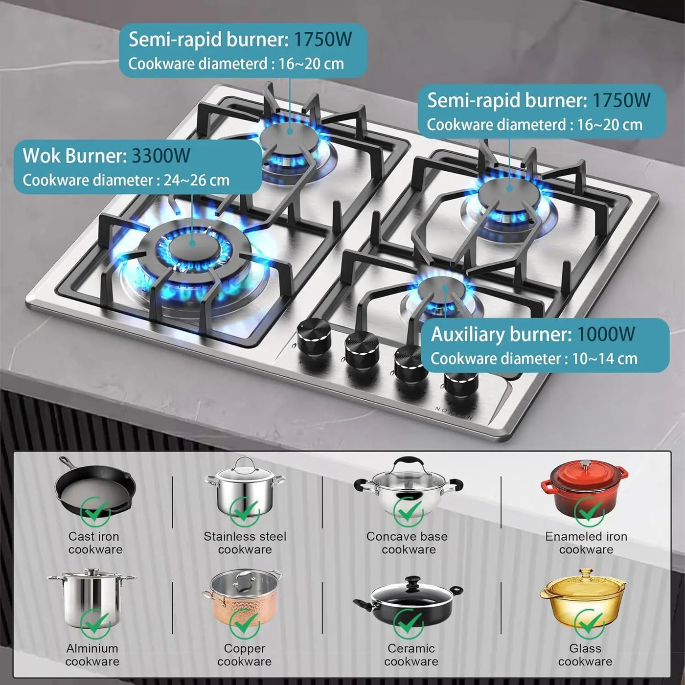 4 Burners Gas Stove Top, LPG/NG Dual Fuel Built-in Gas Hob, Flame Out Protection Prevent Gas Leakage