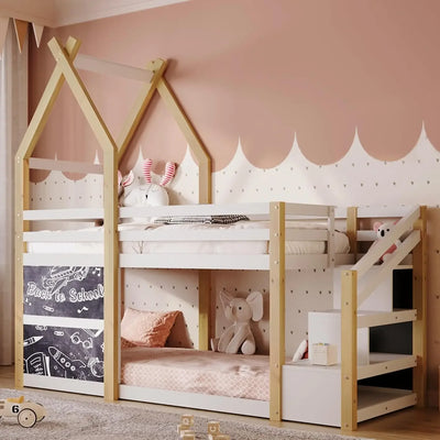 Kids Twin Bunk Bed, Storage Staircase and Blackboards, Wood Floor Bunk Bed Twin Over Twin, House Bunk Bed with Roof, Kids Bed