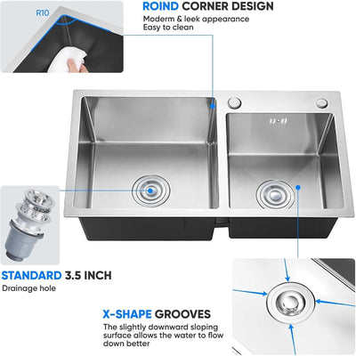 32" x 18" Drop-in/Topmount Double Bowl Kitchen Sink, Nano-Coated 304 Stainless Steel Kitchen Sink with Drain and Overflow