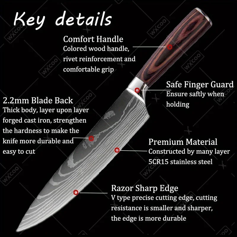 Kitchen Chef Knife Set,High Carbon Stainless Steel Damascus Drawing Gyuto Cleaver Set Slicer Santoku Chef Knife Kitchen Scissors