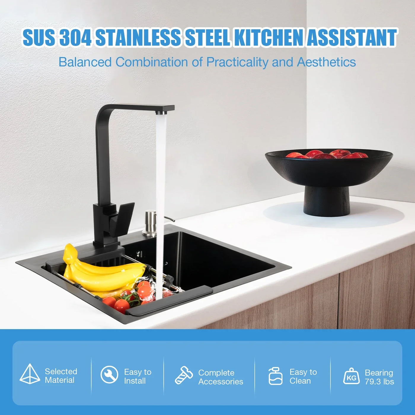 Kitchen Sink Set Stainless Steel Kitchen Sink Kitchen Faucet with Soap Dispenser and Sink Black 40x45cm Soap Dispenser  360°