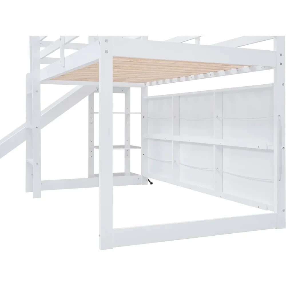 Twin Size House Loft Bed with Slide, Storage Shelves and Light, Climbing Ramp, Low Loftbed Frame, for Kids Boys Girls Bedroom