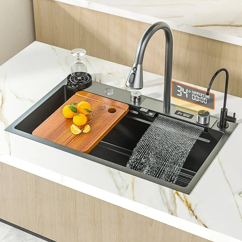 Waterfall Kitchen Sink 304 Stainless Steel Large Modern Multifuctional Single Bowl Wash Basin Black With Knife Holder Dishwasher