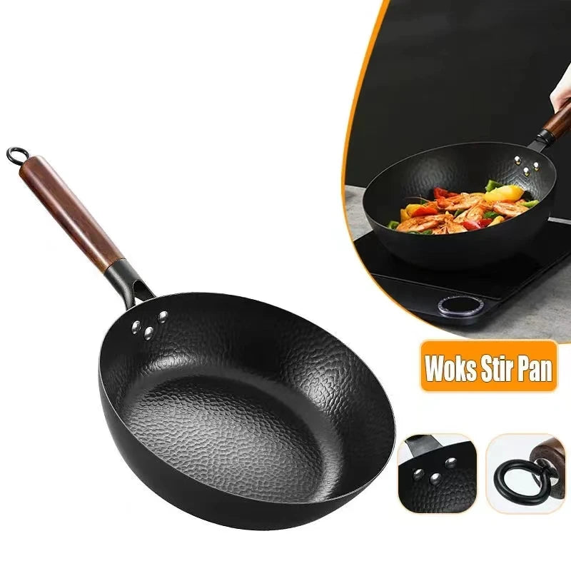 Uncoated Iron Pan Carbon Steel Wok Traditional 11" Gas Stove Induction Cooker Universa Kitchen Cookwar Non-stick Frying Pan