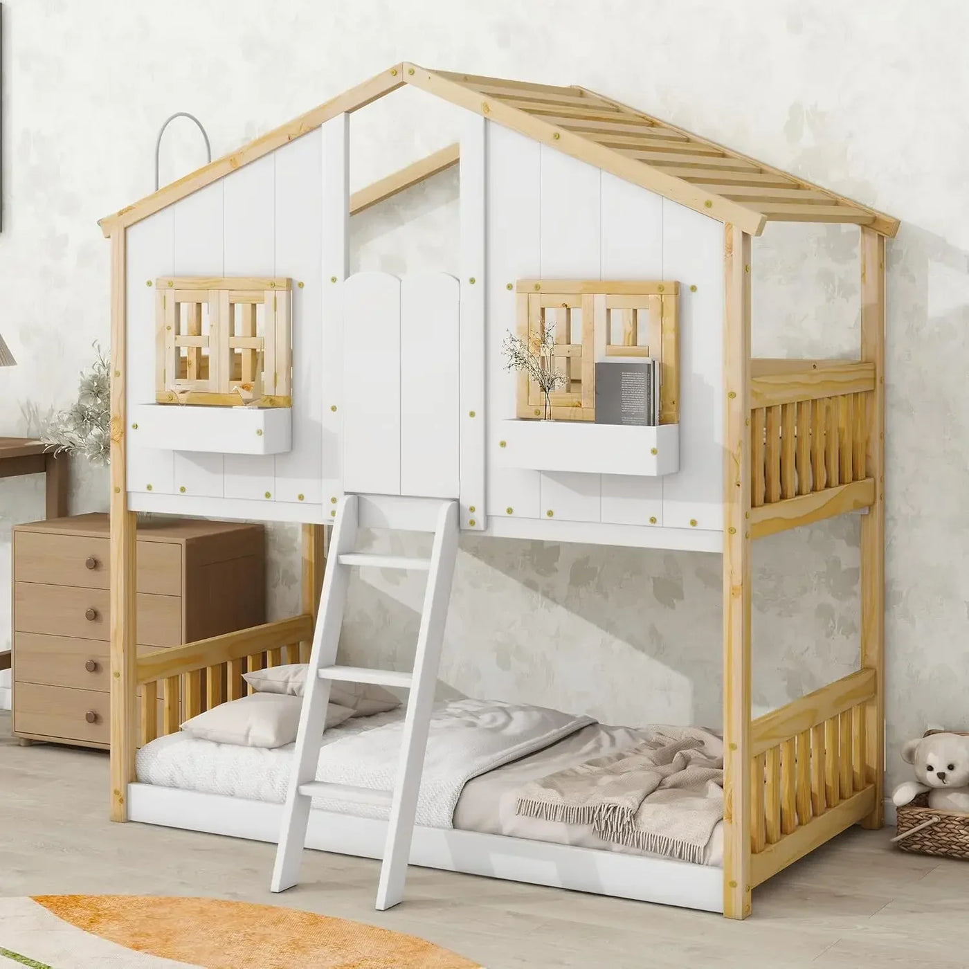 House Bunk Bed Twin Over Twin for Kids, Wood Bunk Beds with Roof, Windows, Window Box and Small Door, Floor Bunk Beds