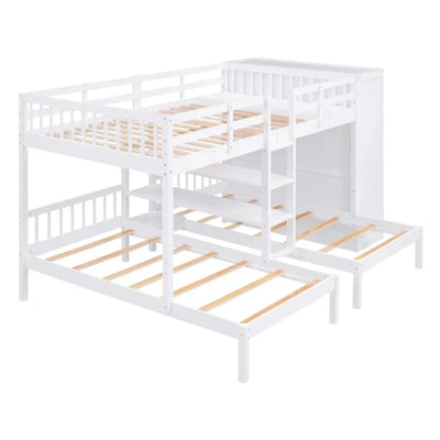 Bunk Bed,Full-Over-Twin-Twin Bunk Bed,Multifunctional bed with Shelves,Wardrobe and Mirror,Kids bedroom,No box spring required