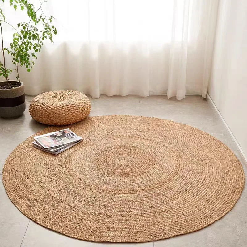 Natural Bulrush Grass Hand-woven Small Rugs Straw Carpet Rattan Mats for Living Room Table Japanese Tea Room Water Gourd Rug