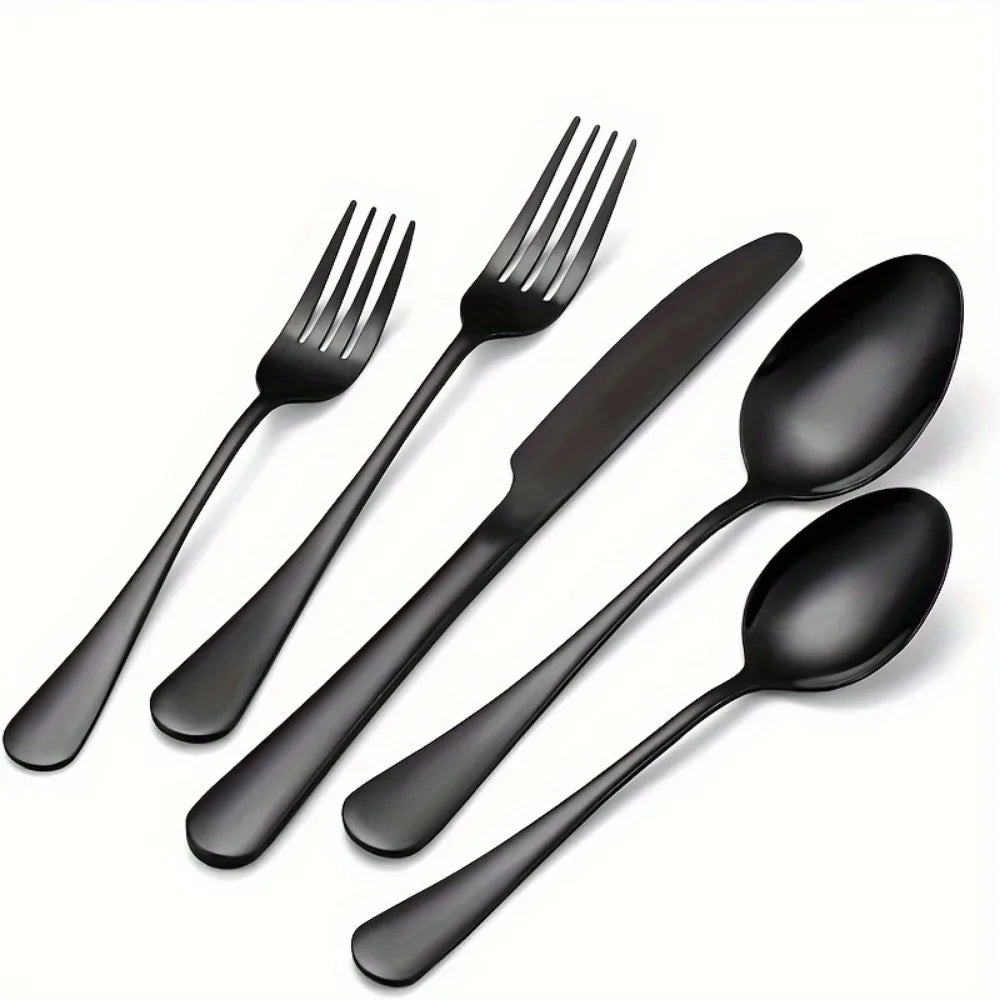 60pcs Black Silverware Set For 12, Stainless Steel Flatware Set, Cutlery Kitchen Tableware Fork Knife Spoon Dishwasher Safe