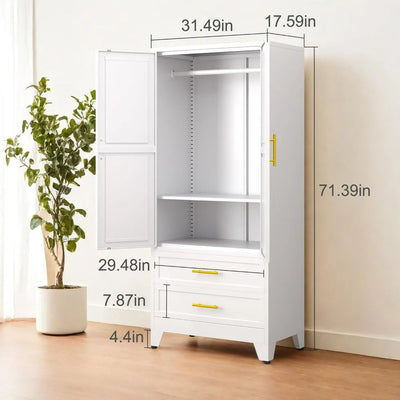 Metal Armoire Wardrobe Closet, Bedroom Clothing Storage Cabinet with 2 Drawers and Hanging Rod, Freestanding Armoire