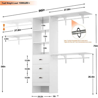 8-foot closet, 96 inch storage system with 3 hangers, wall mounted bedroom wardrobe with 3 drawers, adjustable fabric hangers