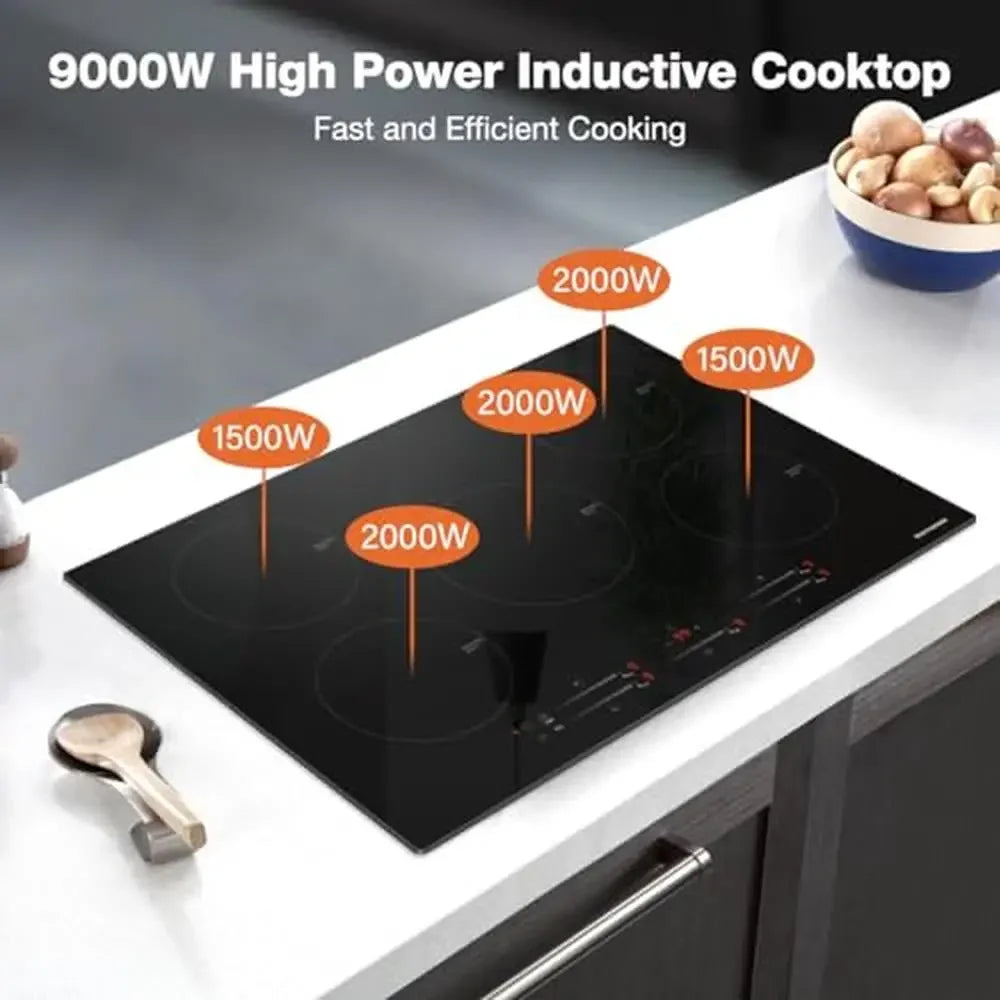 30" Built-in Induction Cooktop 9000W 5-Burner Boost Electric Stove Top Child Lock Timer & Safety Protection Easy Install Slim