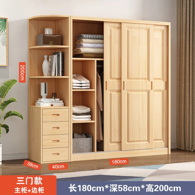 All solid wood pine sliding door wardrobe modern log children's clothes cupboard simple wardrobe home bedroom locker