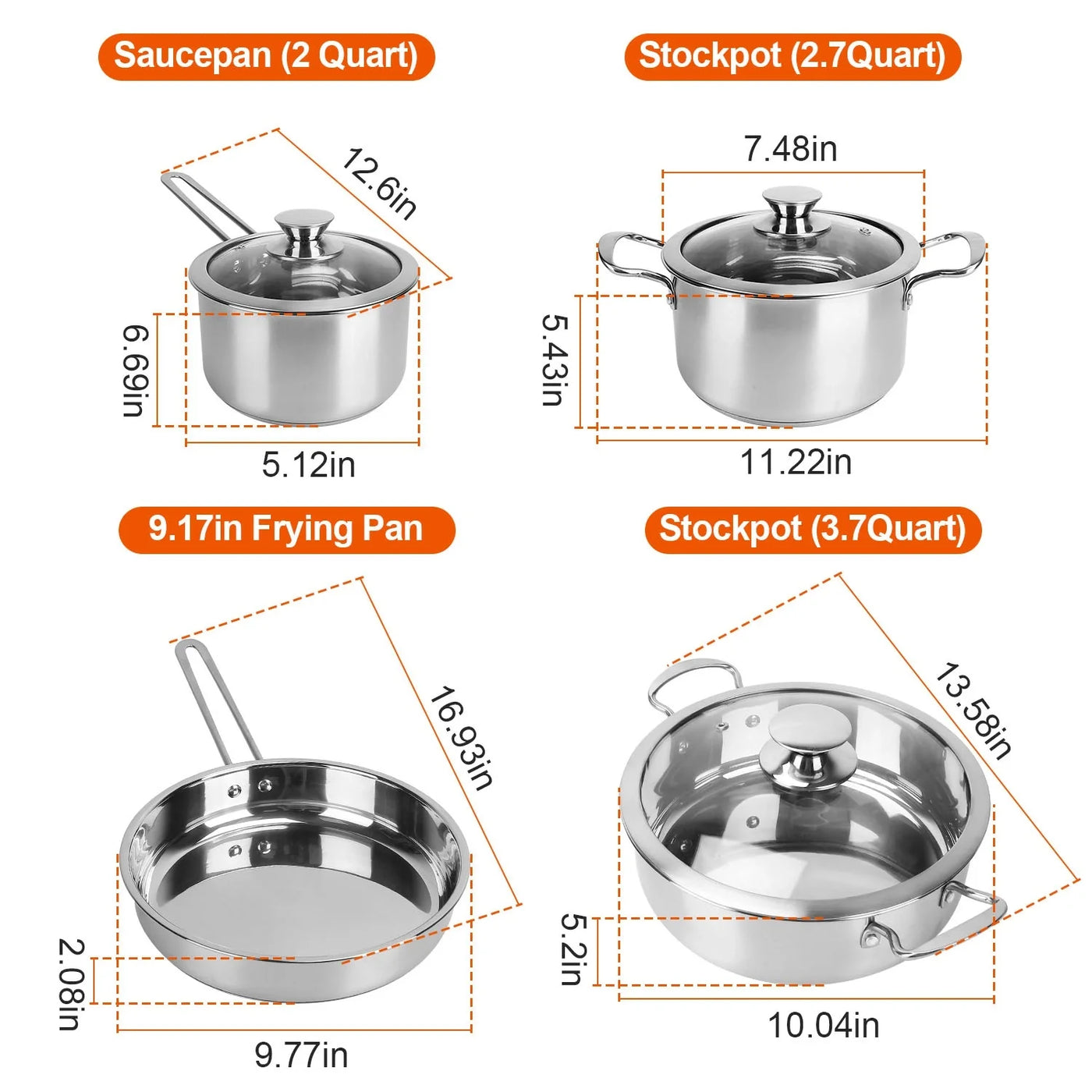 Stainless Steel Cookware Set Fast Even Heat Induction Pots Pans Set Dishwasher Safe with 2.7 Quart Stockpot 9.17in Frying Pan