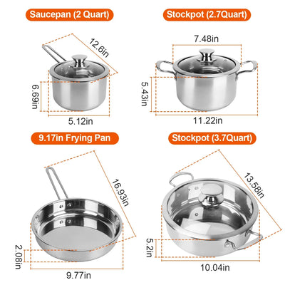 Stainless Steel Cookware Set Fast Even Heat Induction Pots Pans Set Dishwasher Safe with 2.7 Quart Stockpot 9.17in Frying Pan