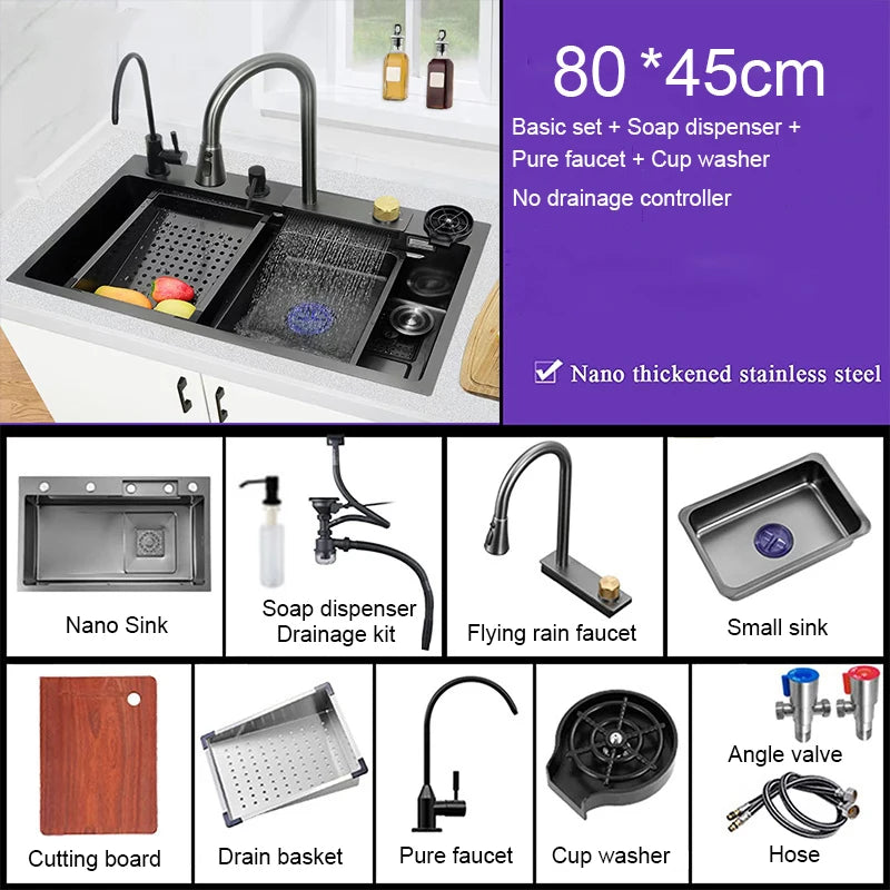 Multifunction Black Nano Kitchen Sink Waterfall Faucet Large Single Bowl Cup Washer Pure Tap Soap Dispenser 304 Stainless Steel