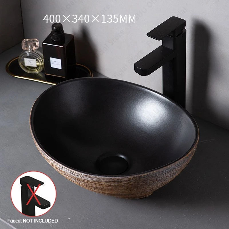 Brown Porcelain Ceramic Vessel Sink Above Counter Vanity Bowl Basin Bathroom Sanitary Balcony Table Sink Countertop Oval Basin