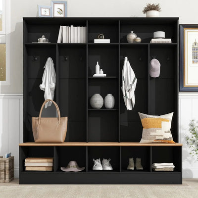 Coat Rack with Storage Bench, Shoe Cabinet with Cube Storage & Shelves, Hall Tree with 8 Hooks for Entryways, Clothes Racks