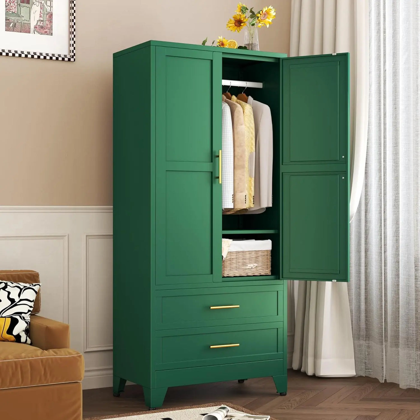 Metal Wardrobe Closet with 2 Doors & 2 Drawers, 71" Tall Armoire Wardrobe Closet with Hanging Rods and Adjustable Shelf,