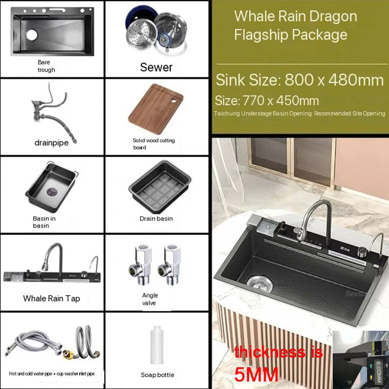 Stainless Steel Kitchen Sink with Faucet Digital Display Large Single Bowl Waterfall Rain 5 Functions System Dish Basin Sink