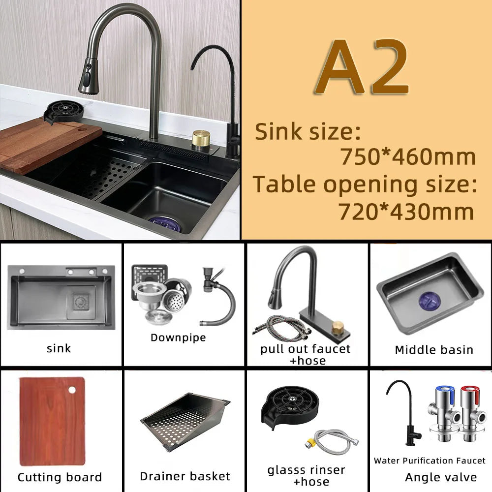 30 inch single bowl Tiktok Trends Metal Grey Stainless Steel Kitchen Sink with Rainfall Faucet & pull lefton kitchen sink set