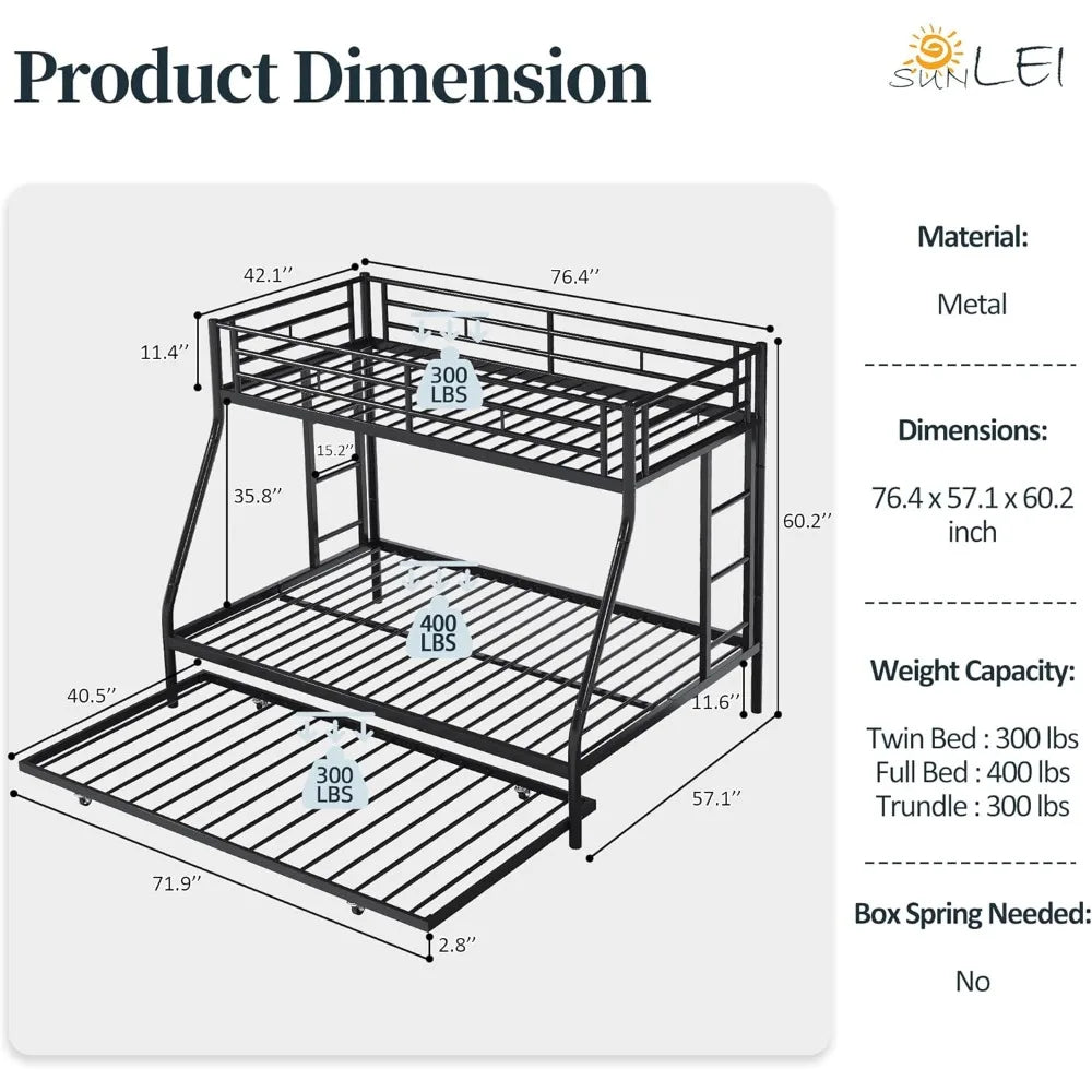 Metal Bunk Bed with 2 Secured Ladders, Trundle, Safety Guard, Space-Saving, Noise Free for Small Bedroom, (Black)