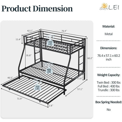 Metal Bunk Bed with 2 Secured Ladders, Trundle, Safety Guard, Space-Saving, Noise Free for Small Bedroom, (Black)