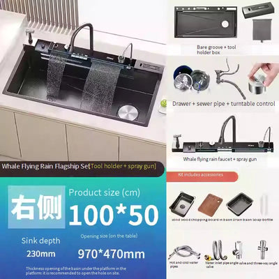 100x50cm Stainless Steel Waterfall Kitchen Sink With Knife Holder Digital Display Faucet Set Embossed Extra Large Single Slot