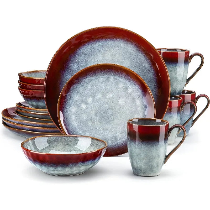 Starry 16 Pieces Green Dinnerware Set, Reactive Change Glaze Dinner Set, Plates and Bowls Set