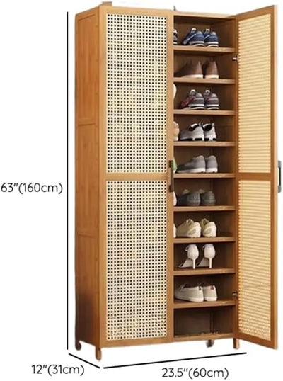 24" 10-Tier Shoe Storage Cabinet with Doors，Hidden Shoe Shelving with Adjustable Shelf Closed Back，Bamboo Shoe Console