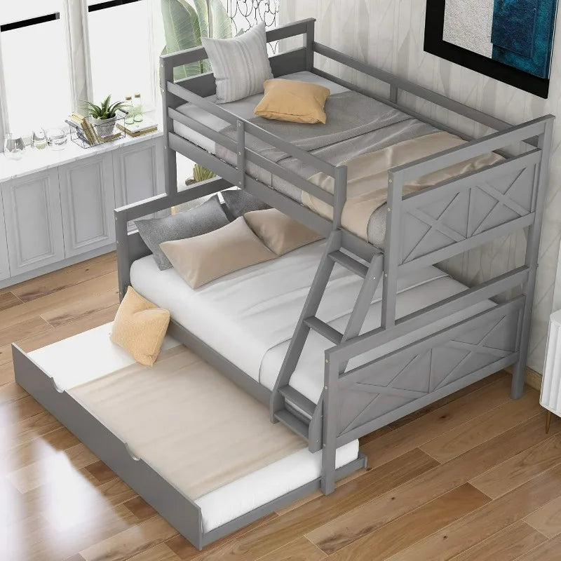 Bunk Bed, Twin Over Full Wood Bunk Bed with Twin Size Trundle, Solid Wood Bunk Bed Frame with Guardrail and Ladder, Grey